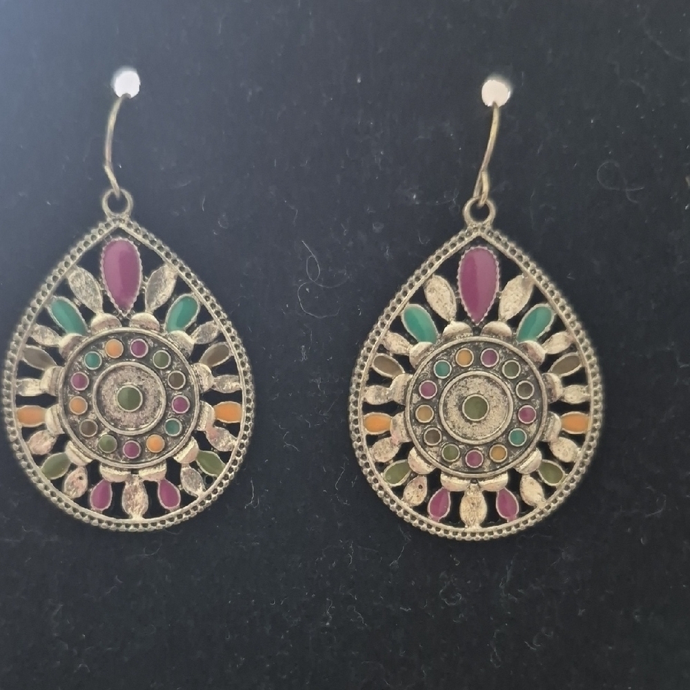 Blue and Purple Medallion Earrings with Intricate Metalwork
